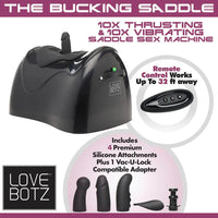 Sex machine with remote control and attachments, featuring Love Botz branding.