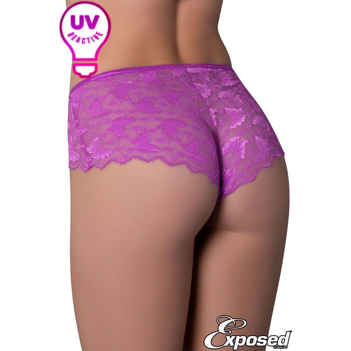 Soft stretch UV reactive mesh boyshort with butterfly lace over the sides and back. in purple, back view