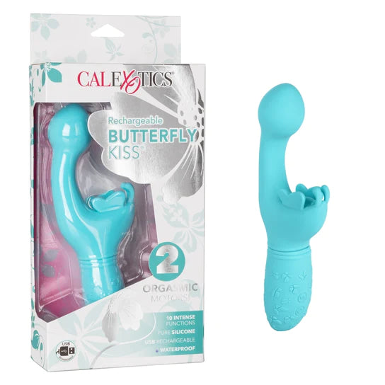 blue vibrator with bulb head and has butterfly clitoral tickler