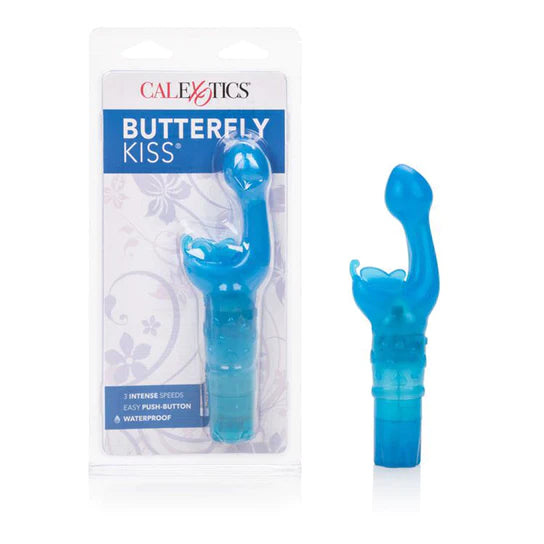 blue vibrator with bulb head and butterfly clitoral stimulator