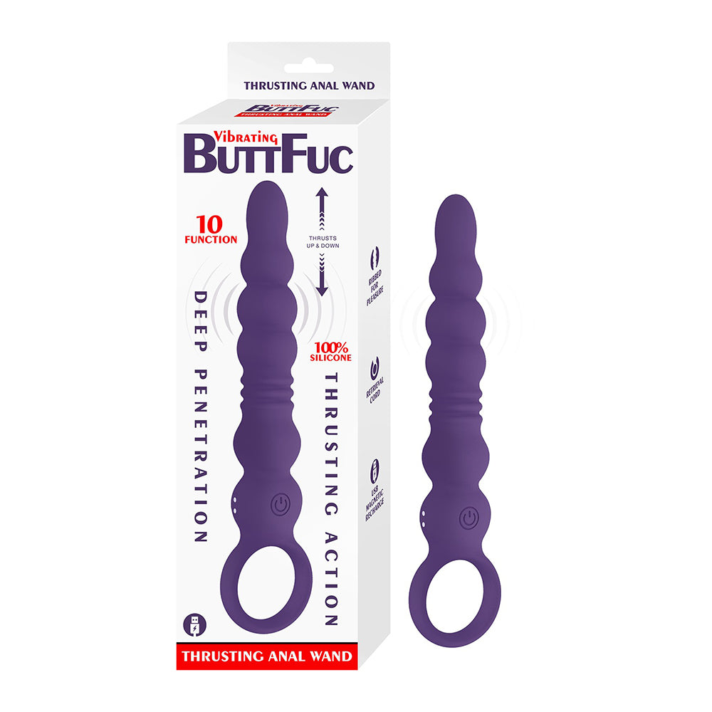 Purple vibrating butt plug shown next to its white retail packaging box on a plain white background. The box features the brand name ButtFuc and highlights 10 functions and deep penetration.