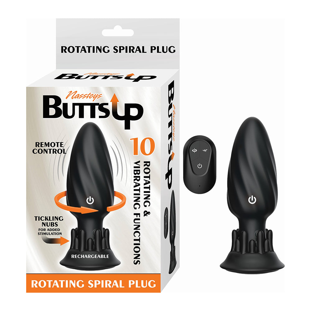 Butts Up anal plug with a black rotating spiral plug, shown next to its retail packaging and a small black remote control on a white background.