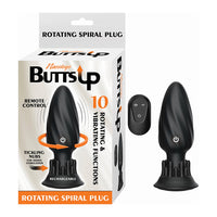 Butts Up anal plug with a black rotating spiral plug, shown next to its retail packaging and a small black remote control on a white background.