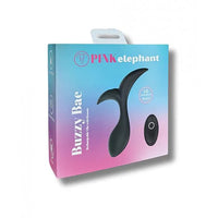 Pink elephant Buzzy Bae product packaging box, featuring a black curved adult toy illustration and a small inset photo of the product, set against a clean white background.