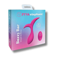 Pink elephant Buzzy Bae product packaging box, featuring a pink and blue gradient design with an illustration of the pink elephant-shaped device.