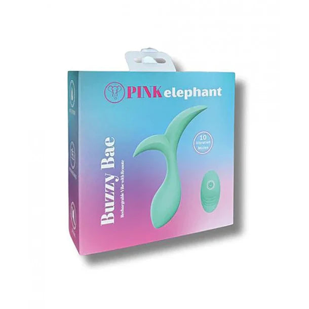 Pink elephant Buzzy Bae waterproof vibrator package, featuring a pastel blue and pink gradient box with a mint green illustration of the product.
