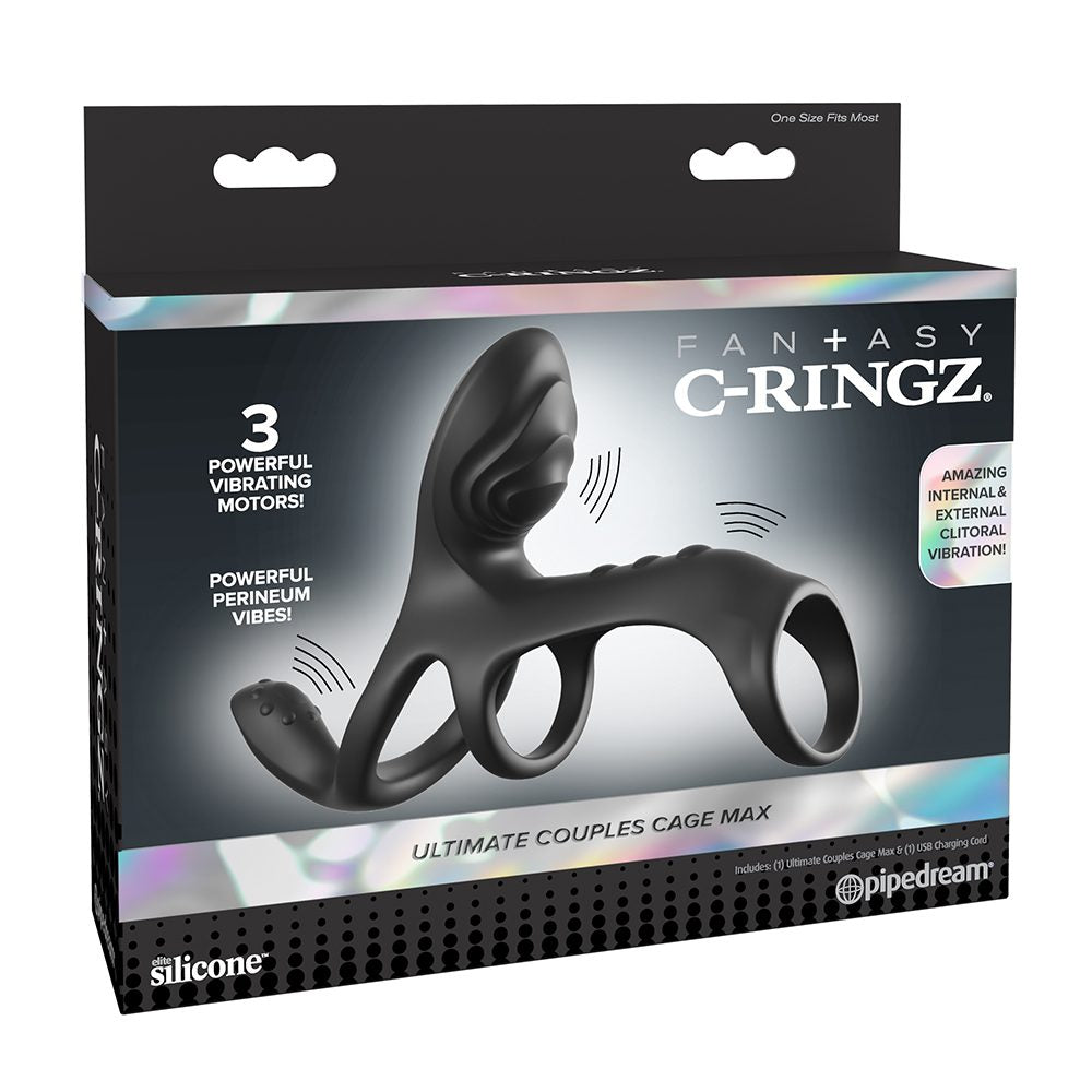 Fantasy C-Ringz ultimate couples max cage with product packaging with black silicone ring on a white background