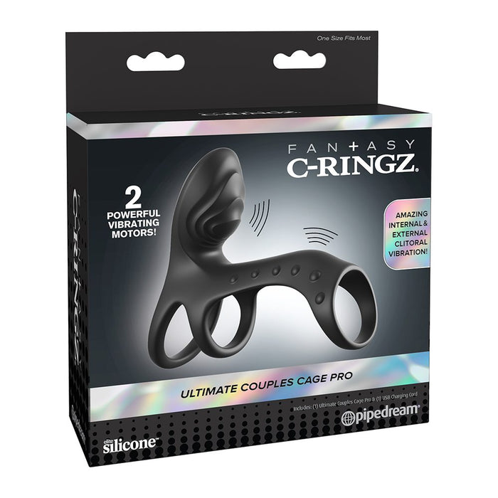 Package of Fantasy C-Ringz Ultimate Couples Cage Pro with black silicone design on a white background