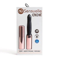 a black vibrator with a rose gold handle and a rose gold cover shown in its white packaging
