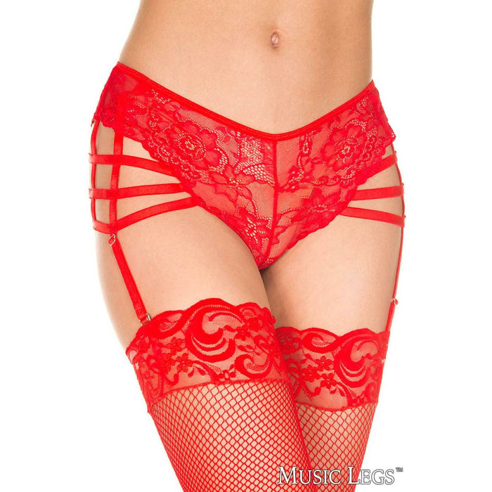 Red lace lingerie set with fishnet stockings on a white background