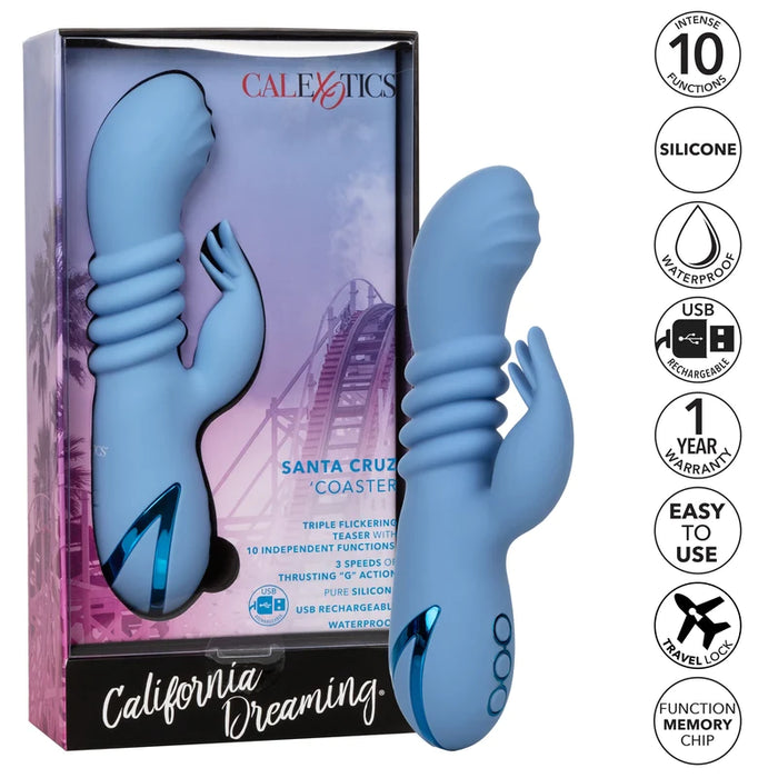 blue vibrator with grooves and bumps as well as clitoral stimulator