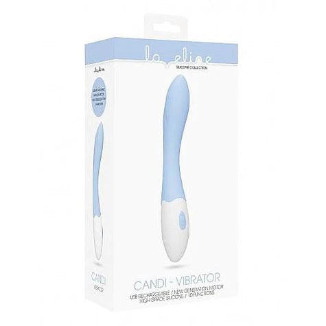 white handle with blue curved outwards vibrator