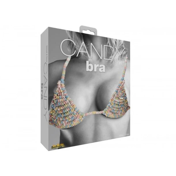 This image displays the packaging of the "Lovers Edible Bra" by Hott Products. The box features a close-up, grayscale photograph of a female torso wearing the edible bra, which is designed with a colorful, candy-like appearance.