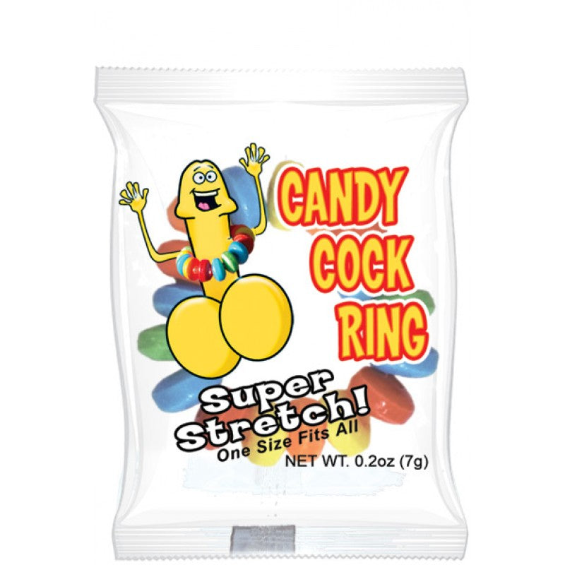 Candy cock ring packaging with cartoon character and text on a white background