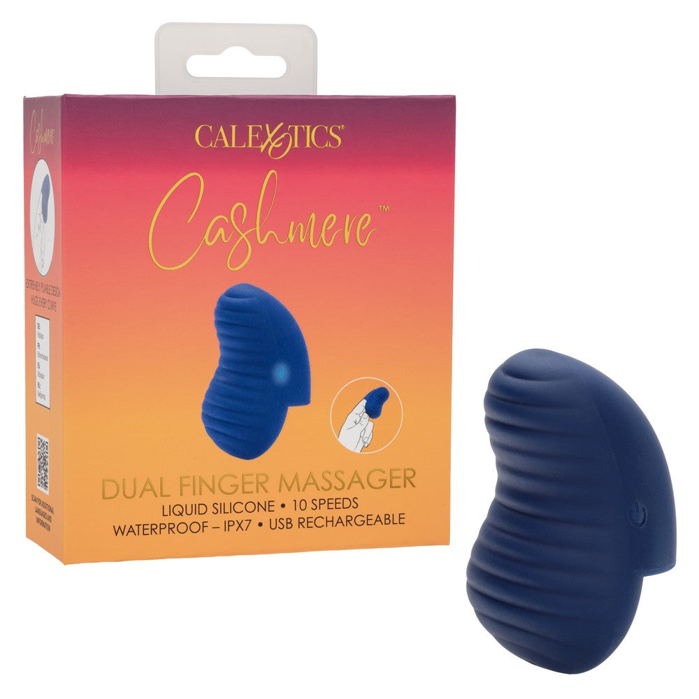 navy lue finger massager with rippled ridges beside box packaging