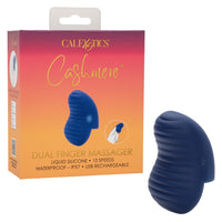 navy lue finger massager with rippled ridges beside box packaging