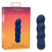 navy vibrator with ripples and tappered head beside box packaging
