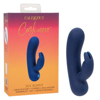 navy curved vibrator with bunny clitoral stimulator beside box packaging