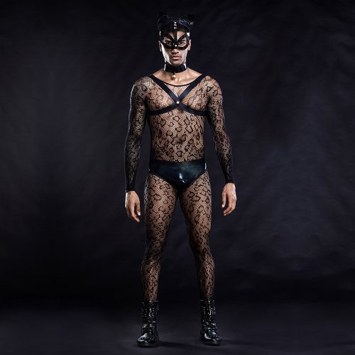 Person wearing a black lace bodysuit and mask on a dark background