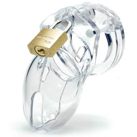 clear penis cock cage with gold padlock