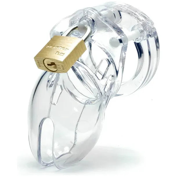 clear penis cock cage with gold padlock