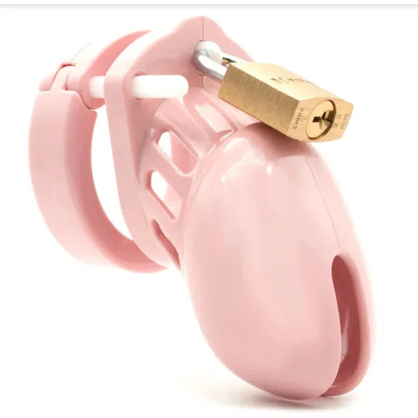 penis cock cage in pink with gold padlock