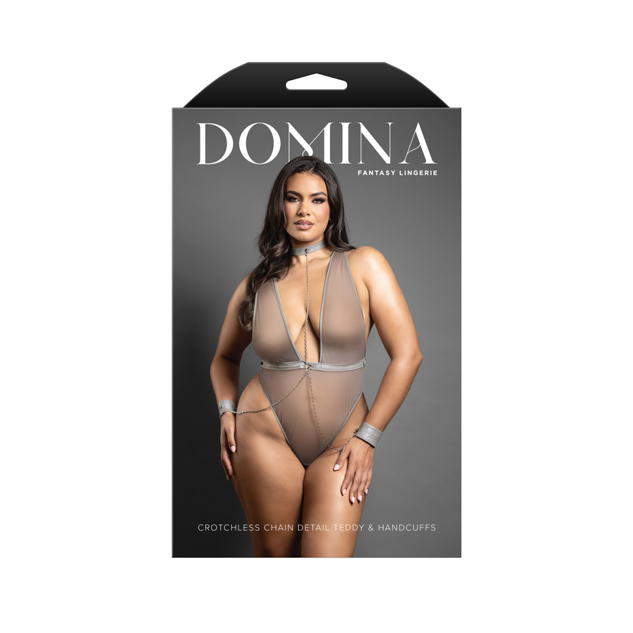 Crotchless plunge teddy in leatherette and mesh with chain-link choker detail and matching detachable