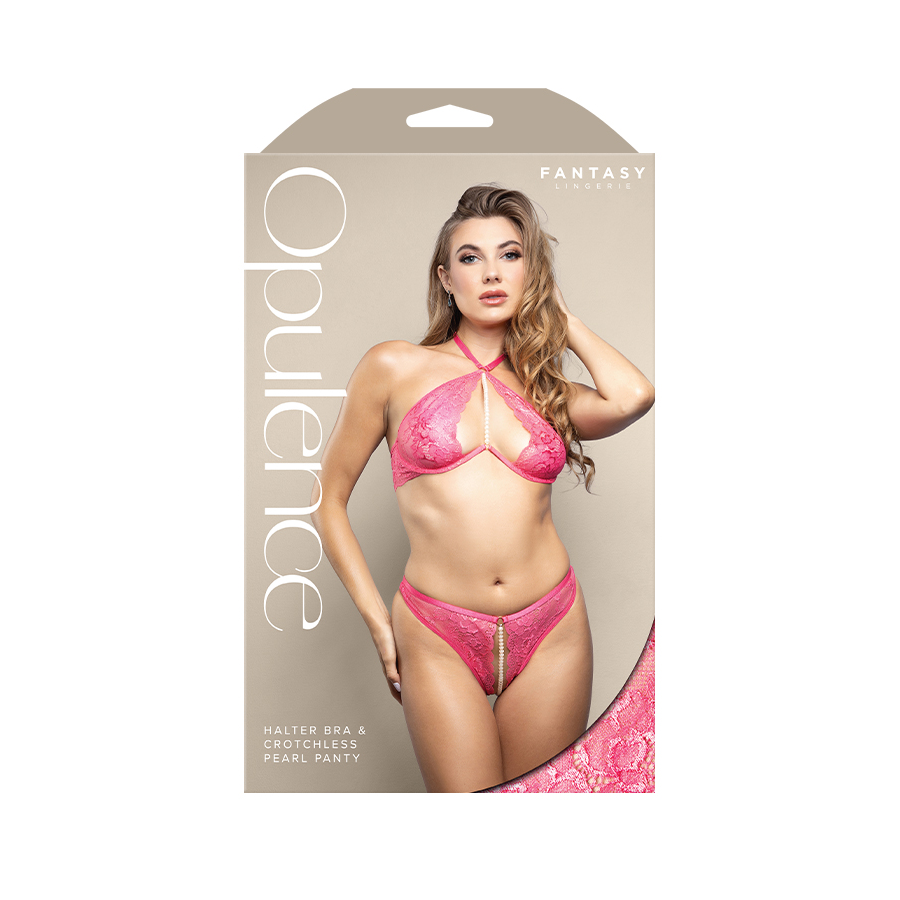 Halter bra with underwire cups, center pearl string accent and adjustable crotchless pearl panty in shimmer lace