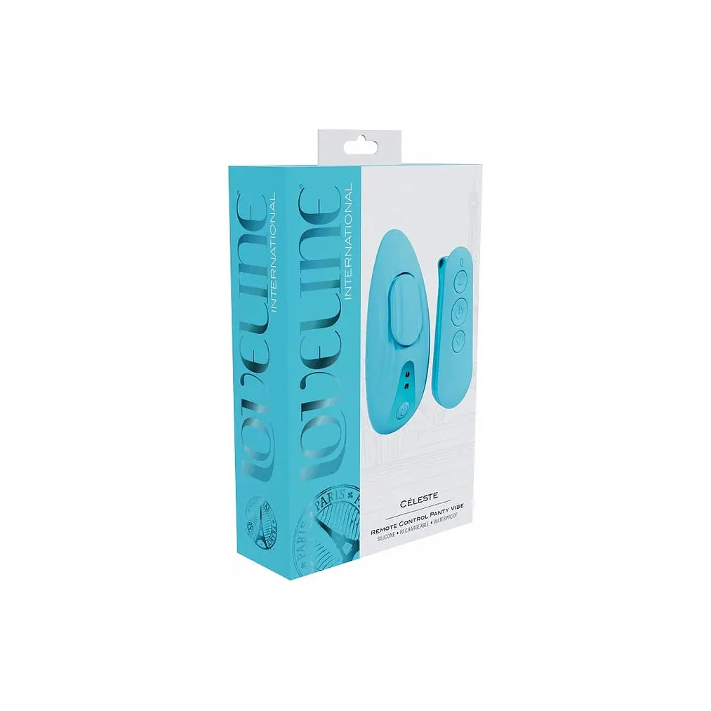 remote control panty vibrator in blue, on box packaging