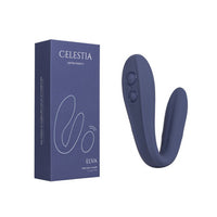 CELESTIA ELVA wand-style vibrator in dark blue shown next to its matching product box on a plain white background.