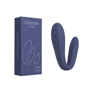 CELESTIA ELVA wand-style vibrator in dark blue shown next to its matching product box on a plain white background.