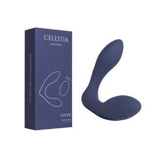 A dark blue curved personal massager shown next to its matching product packaging box, which is labeled 'CELESTIA' and 'ONYX'.