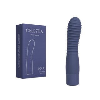 A dark blue ribbed personal massager shown next to its branded retail box on a plain white background. The box reads CELESTIA and SOLA.