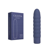 CELESTIA VIVA micro-diameter silicone stimulator shown next to its dark blue packaging box on a plain white background.