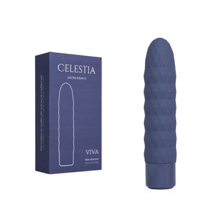 CELESTIA VIVA micro-diameter silicone stimulator shown next to its dark blue packaging box on a plain white background.