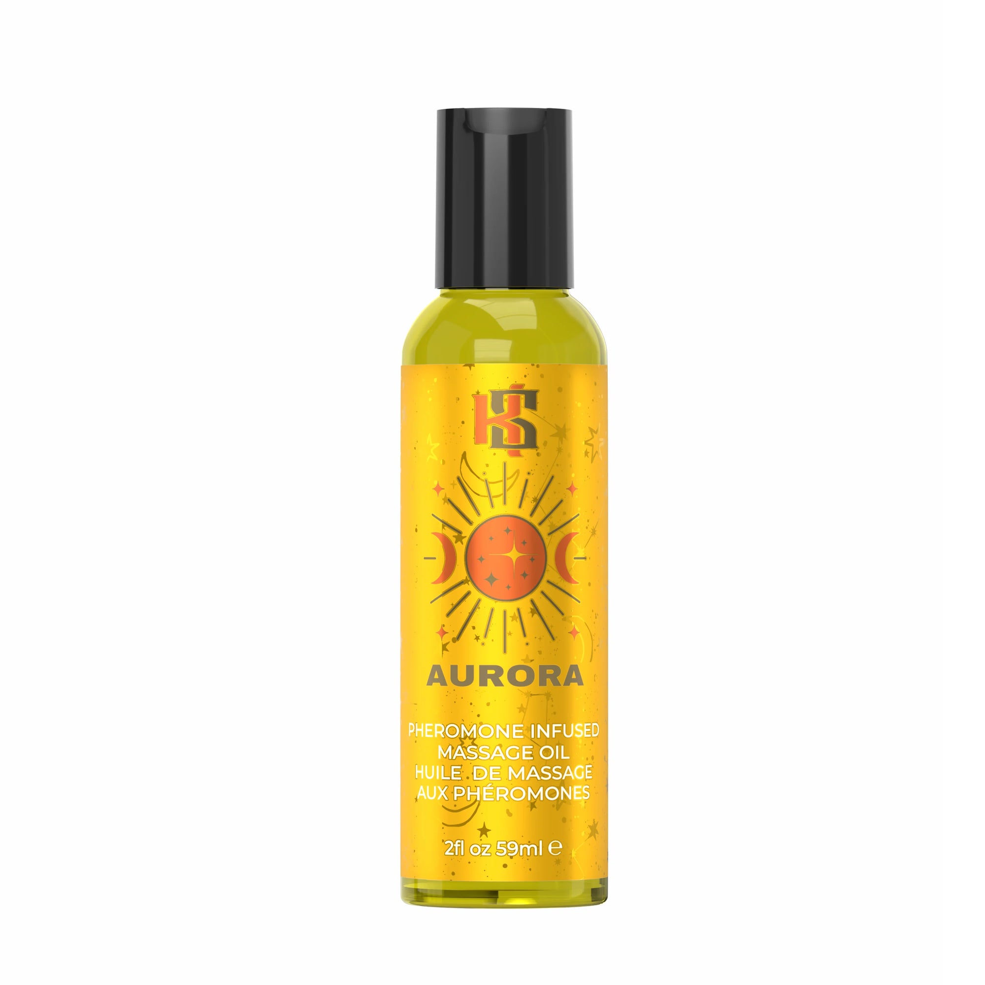 A bottle of Aurora Pheromone Infused Massage Oil with a black cap and a bright yellow label featuring a sun graphic, on a plain white background.