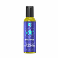 A 2 fl oz bottle of HS Eclipse Pheromone Infused Massage Oil, featuring a black cap and a blue label with a glowing eclipse graphic.