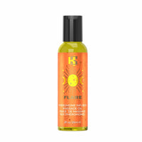A 2 fl oz bottle of Flare Pheromone Infused Massage Oil by KSH, featuring a vibrant orange label with a yellow sun graphic and a black cap, set against a plain white background.
