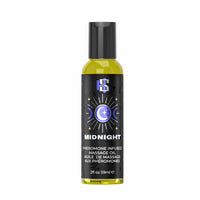 A 2 fl oz bottle of Midnight Pheromone Infused Massage Oil by HSH, featuring a black cap and a black label with a blue and white moon and sun graphic, set against a plain white background.