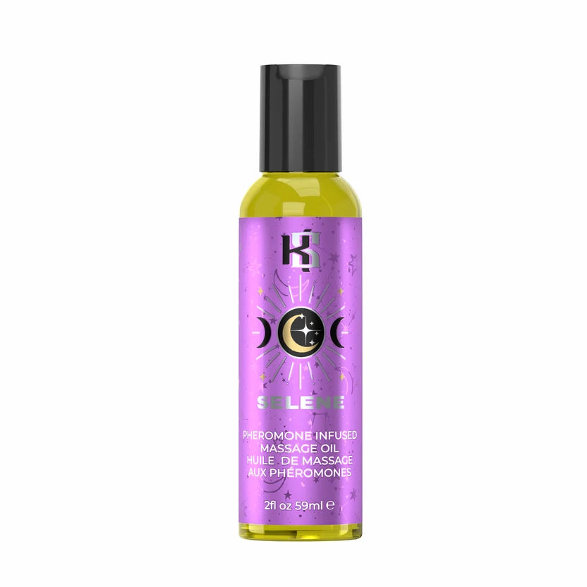 A bottle of SLEBE Pheromone Infused Massage Oil with a black cap and a metallic purple label featuring moon phases and a stylized 'SC' logo.