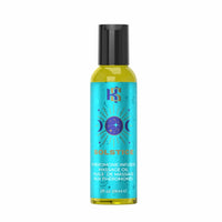 A 2 fl oz bottle of KS Solstice Pheromone Infused Massage Oil, featuring a bright turquoise label with a purple celestial sun design and a black cap, set against a plain white background.