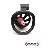 Black and pink chastity cage on a white background with '665' branding.