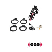 Set of black chastity cage with rings with a key on a white background, featuring the brand '665'.