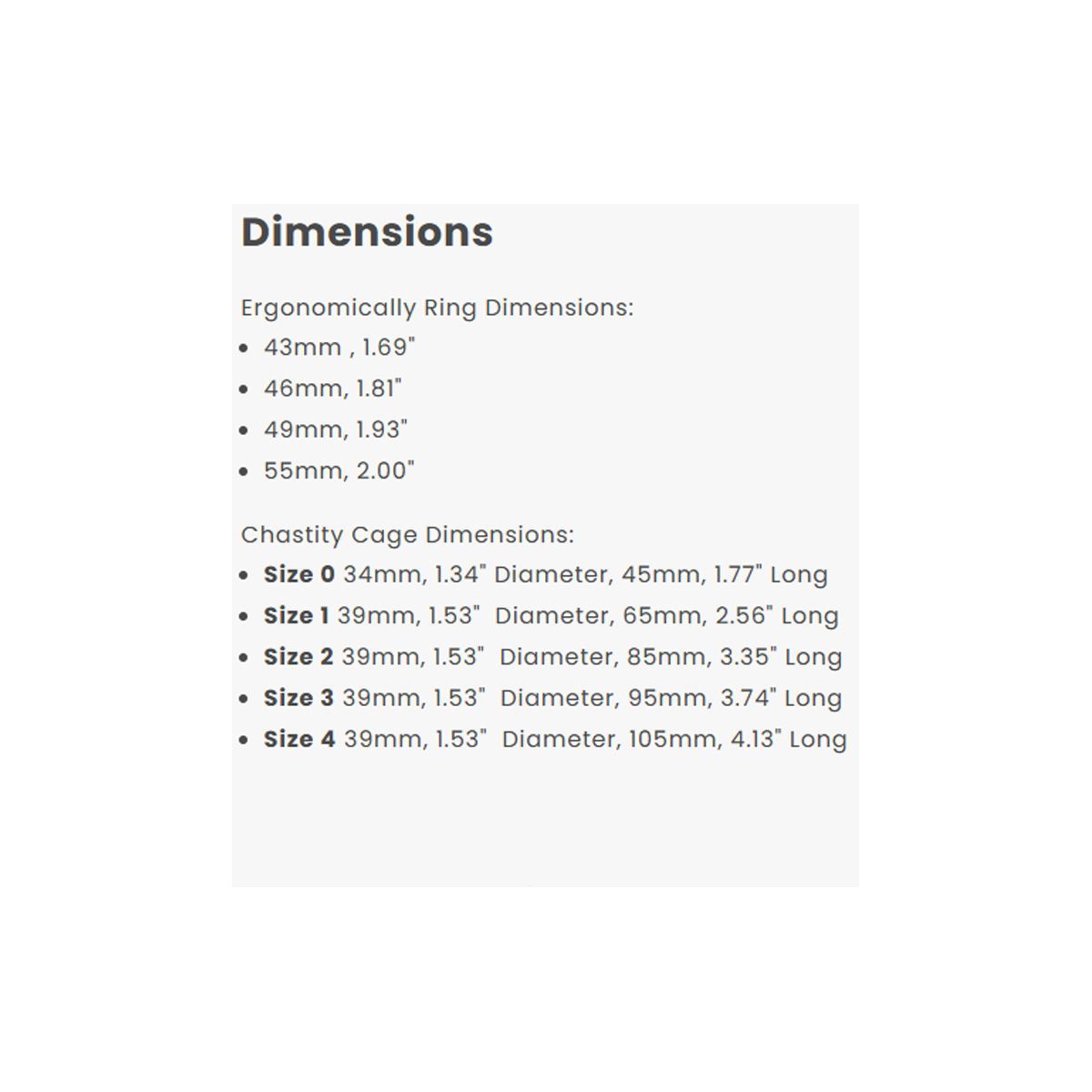 Dimensions of ergonomic ring and chastity cage on a white background