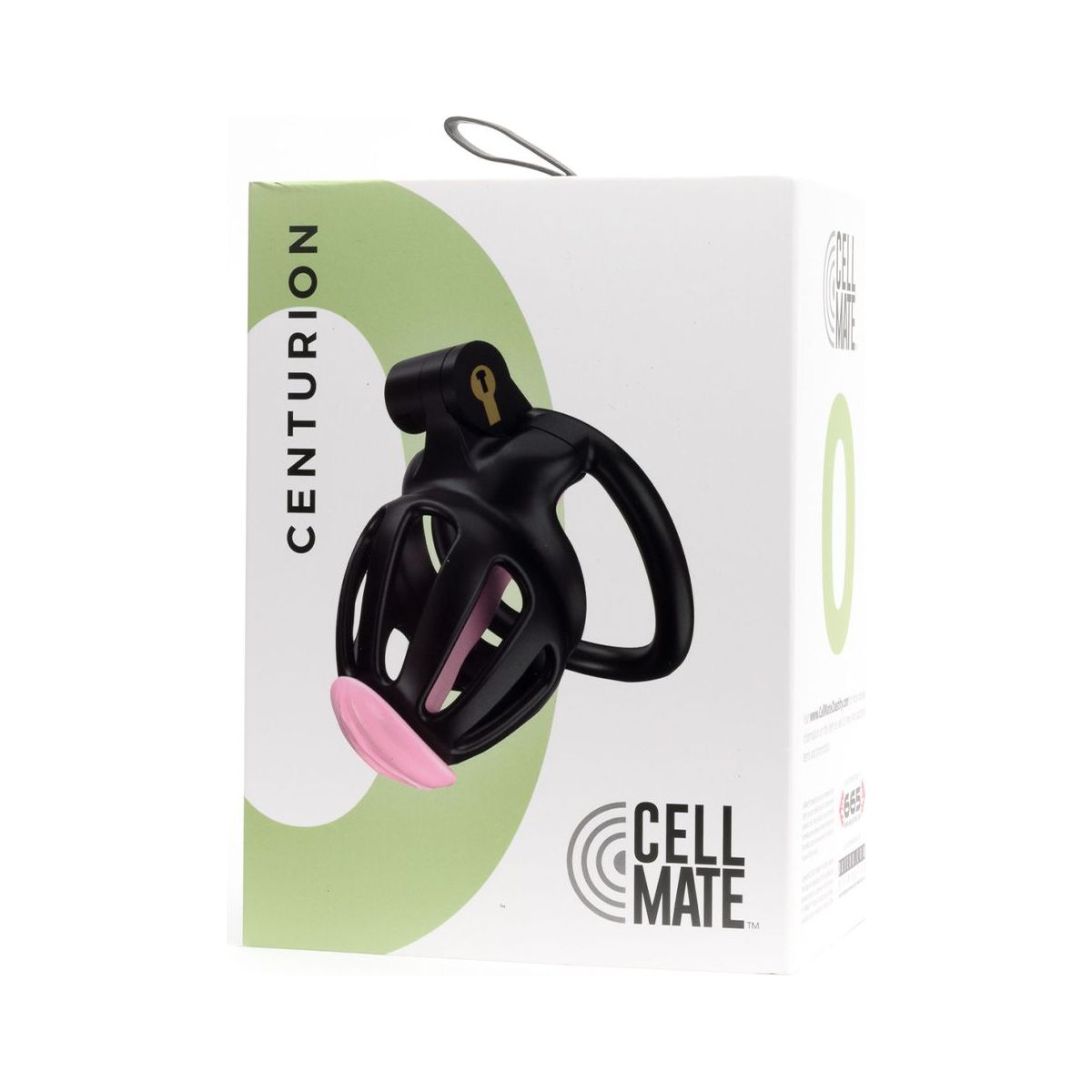 Black and pink chastity cage with 'Centurion' branding on a white box