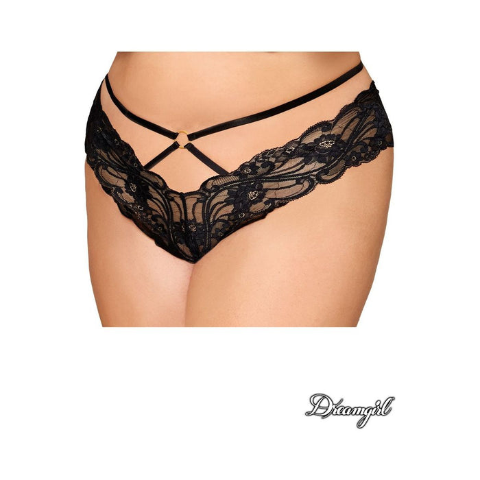 Stretch lace thong with a strappy adjustable elastic waistband tied to a center gold ring, gold chains draped over the back and an open crotch, plus size