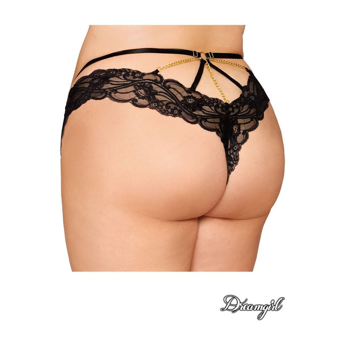 Stretch lace thong with a strappy adjustable elastic waistband tied to a center gold ring, an open crotch, back view, plus size