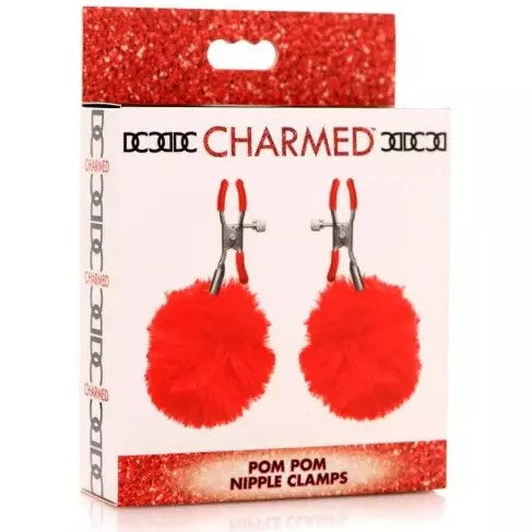 white box with picture of adjustable nipple clamps and red pom poms