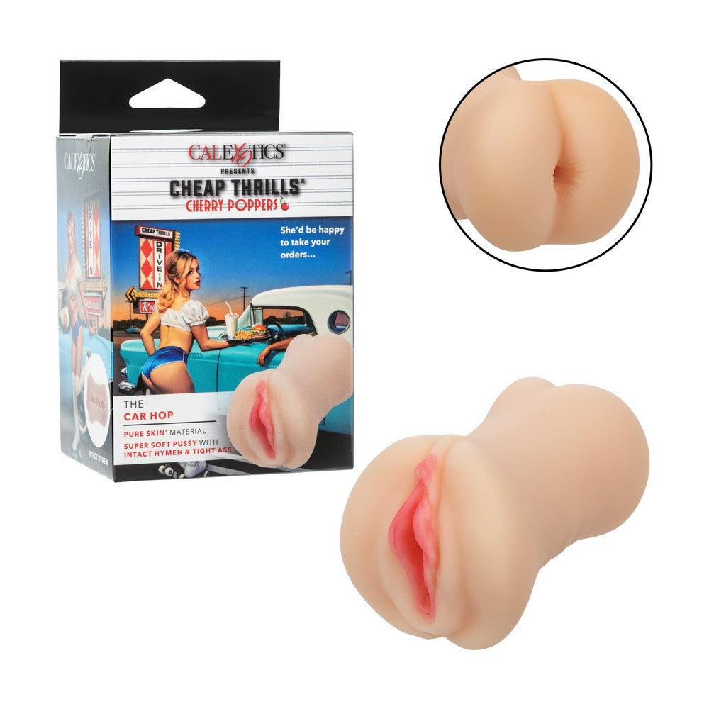 Sex toy realistic masturbator with a realistic pink opening, shown next to its retail packaging box and a circular inset detail of the opening.