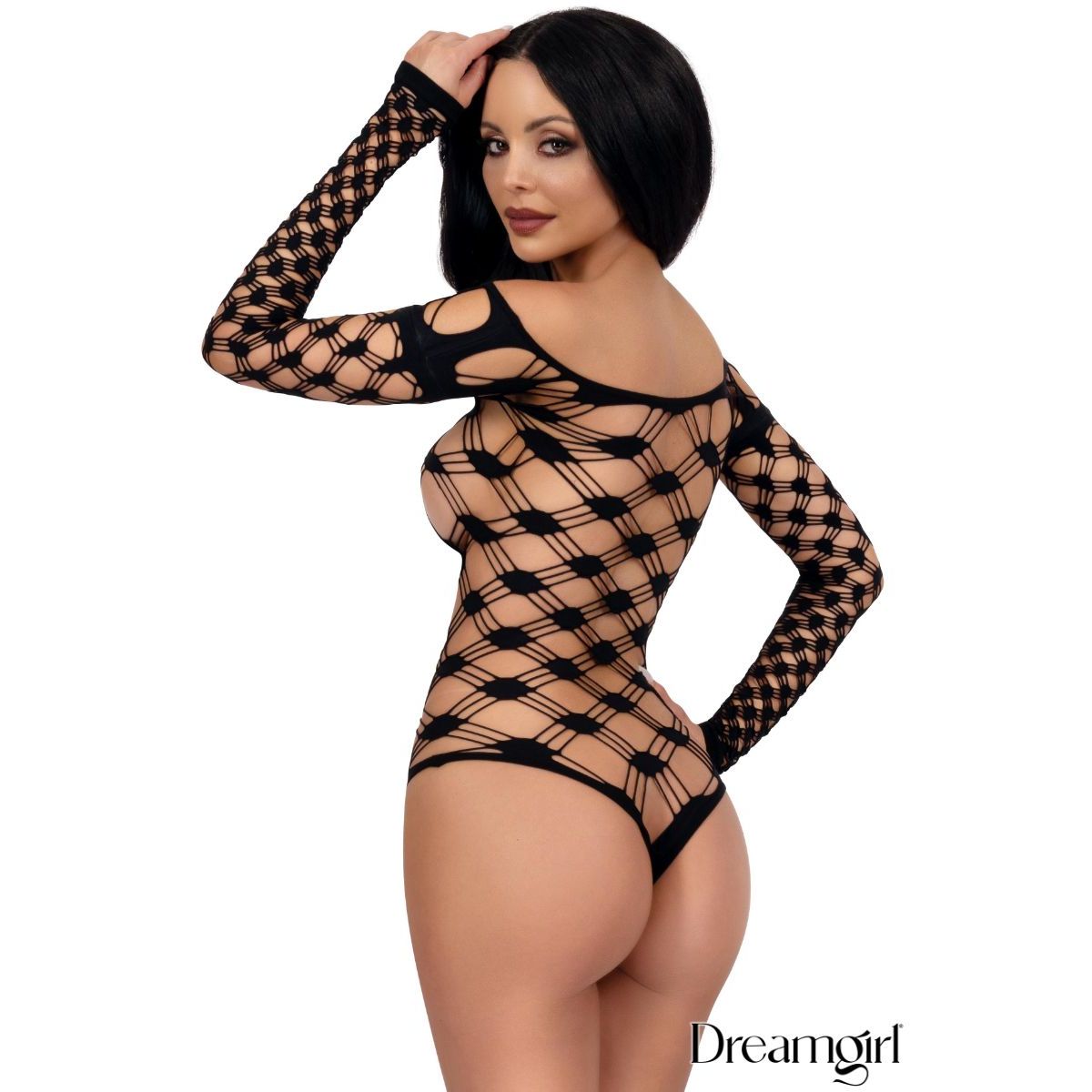 female wearing a net teddy in black, back view